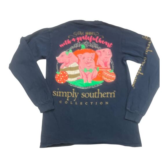 Simply Southern Long Sleeve Tee S Navy Give Thanks Pig Pumpkin Preppy Fall Cozy - Picture 1 of 9